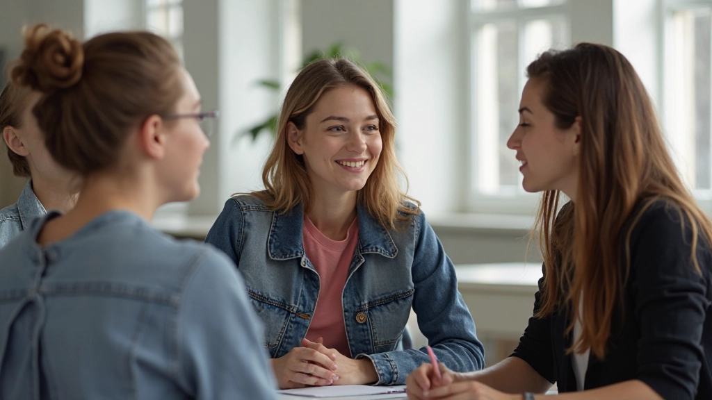 Foto van internationale studenten in groep die Nederlands spreken in collegezaal met uitstekende begeleiding, moderne universiteitsomgeving, warm licht, vervagde achtergrond, GEEN tekst, GEEN watermerken