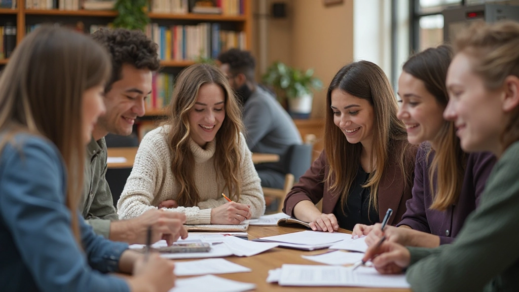 Student maakt notities in studeerzaal met Nederlandse woordenlijst en grammatica flashcards zichtbaar