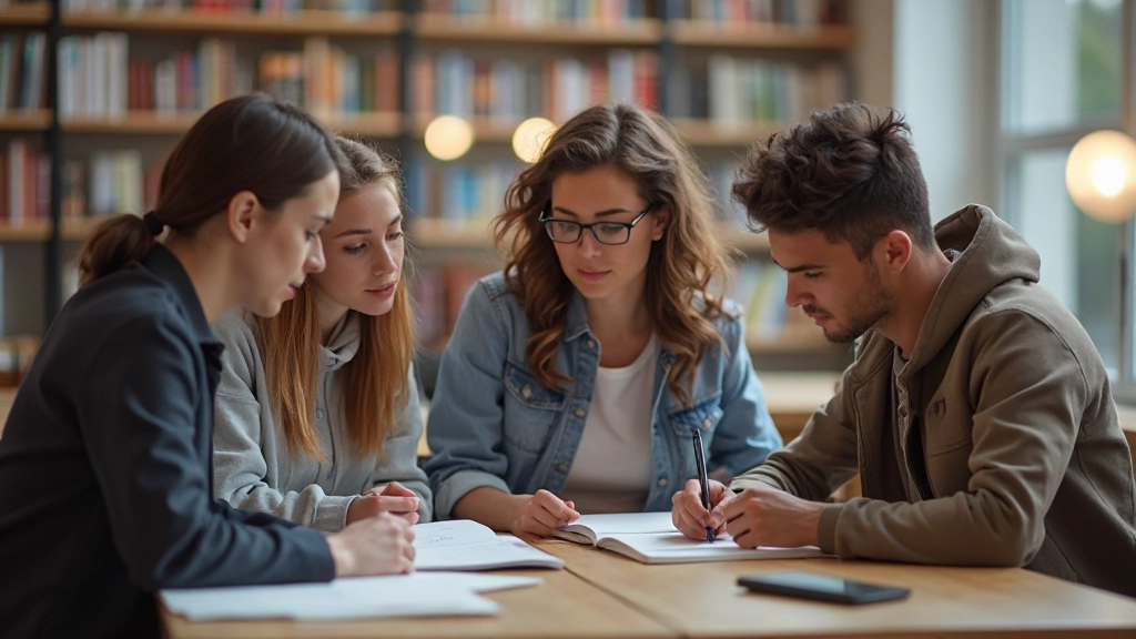 Groep studenten die enthousiast samenwerken aan tafel in universiteitsbibliotheken, vrolijk moment