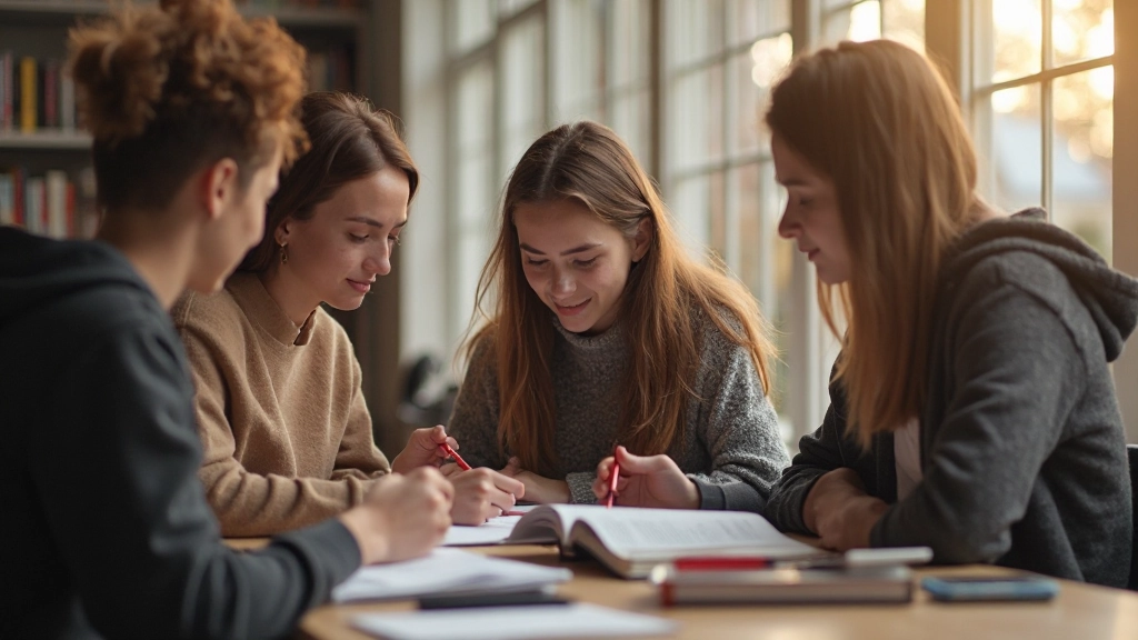 Internationale studenten studeren Nederlands samen in bibliotheek met boeken en notities