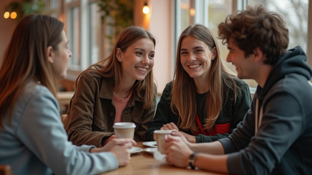 Internationale studenten die Nederlands spreken in Amsterdam, gezellige cafetaria met diverse studenten in gesprek