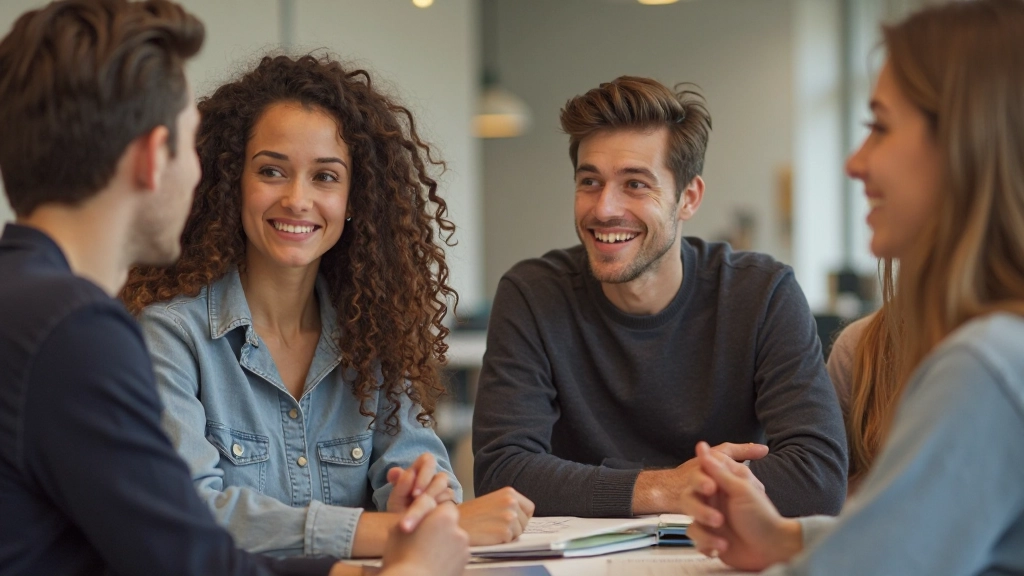 Foto van studenten die Nederlands conversatieoefeningen uitvoeren in groepsinstelling, collegezaal, vriendschappelijke sfeer, natuurlijk daglicht, vervagde achtergrond, GEEN tekst, GEEN watermerken