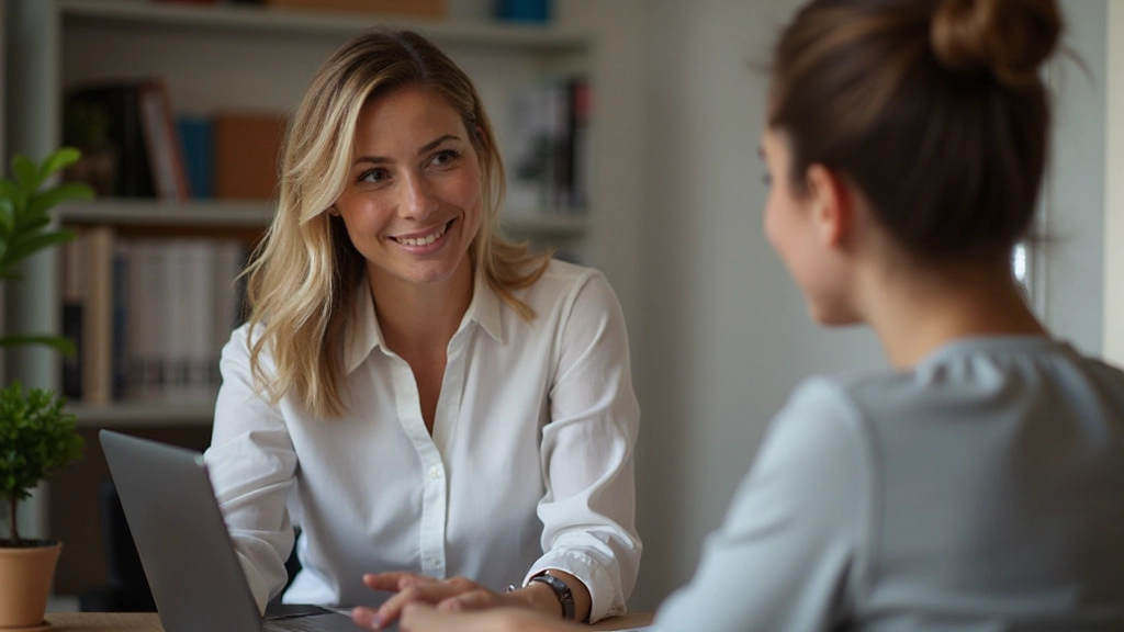 Nederlandse taalleraar werkt met student in interactieve online les, beiden glimlachen en concentreren zich op conversatie
