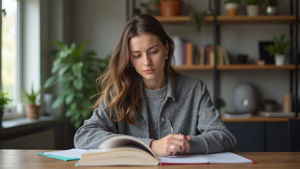 Professionele foto van studente die Nederlandse grammatica boeken bestudeert aan bureau met notities, modern studieuithuis, natuurlijke daglicht, vervagde achtergrond, GEEN tekst, GEEN watermerken