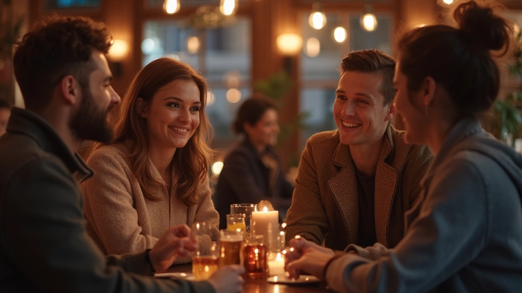 Vrienden genieten van gezellige avond samen in Nederlandse café met warm licht en drank