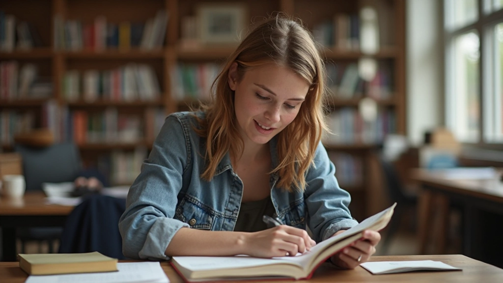 Internationale student die Nederlands studeert met leerboeken in universiteitsbibliothek