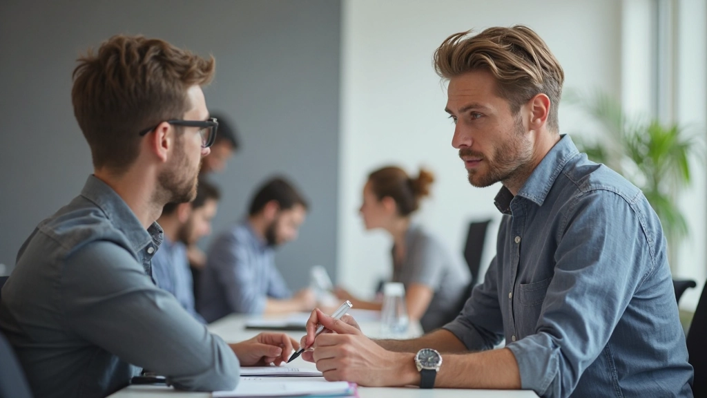 Professionele foto van Nederlandse taalleraar die werkwoordtabel uitlegt aan student aan bureau, heldere leeromgeving, warm licht, vervagde achtergrond, GEEN tekst, GEEN watermerken