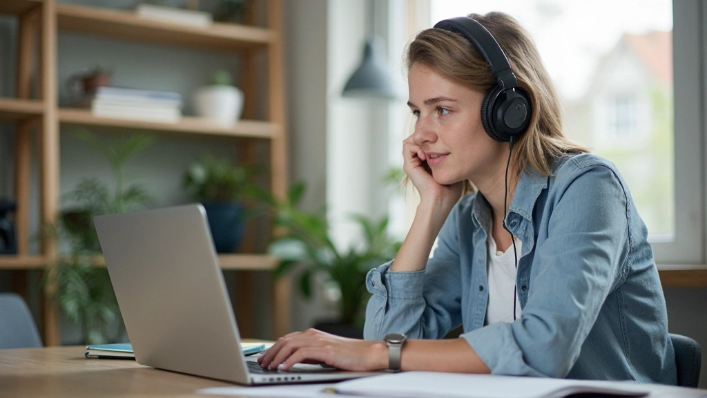 Student die Nederlands leert met apps en online hulpmiddelen, moderne setup met laptop en koptelefoon