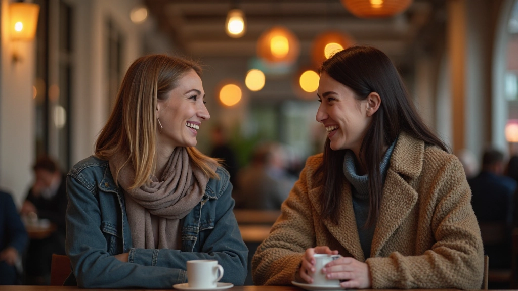 Twee vrienden die lachend en ontspannen in een modern café met koffie praten