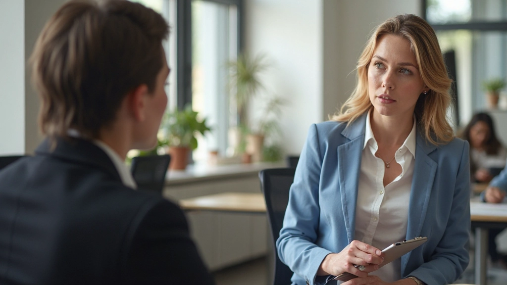 Vrouw die aandachtig luistert naar collega en notities maakt, concentratie en betrokkenheid tonen