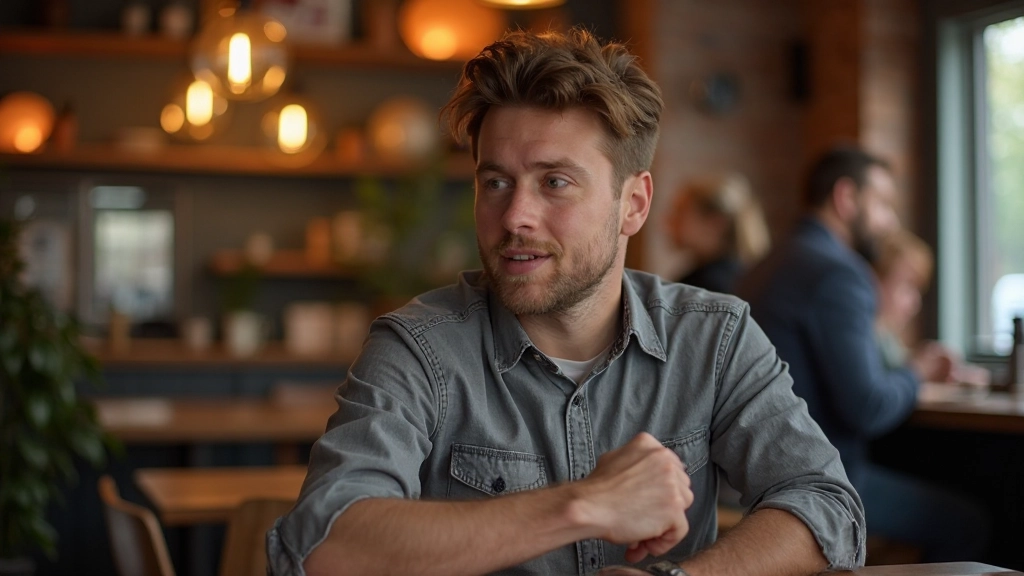 Jonge man in casual shirt die zelfverzekerd spreekt en gebaren maakt in gezellig café, ontspannen sfeer