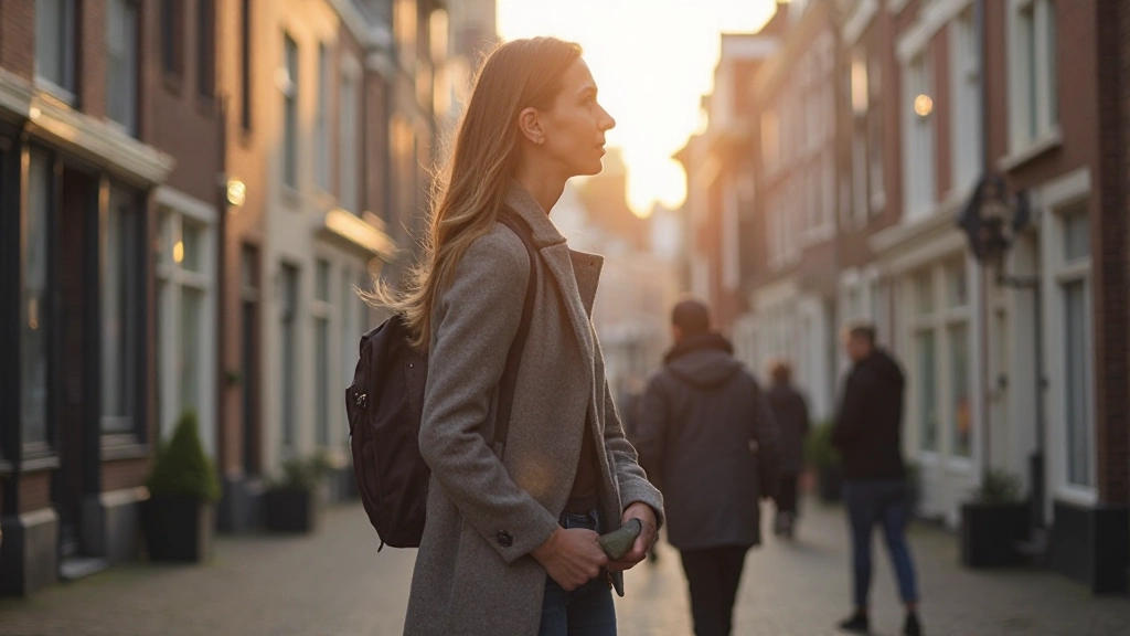 Foto van internationale student ontdekkend Nederlandse cultuur in Amsterdam, historische setting, prachtige architectuur, warm licht, vervagde achtergrond, GEEN tekst, GEEN watermerken