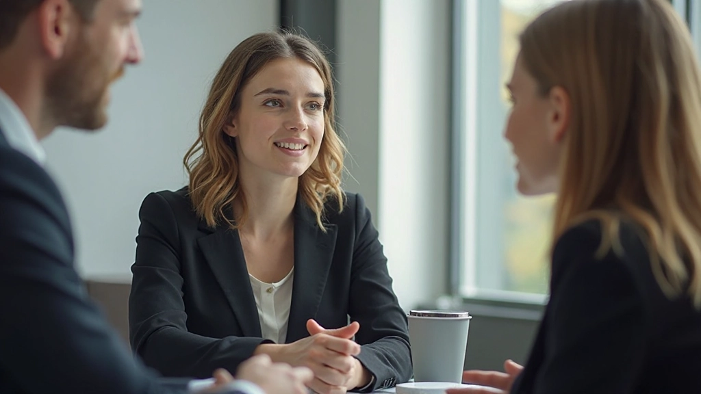 Jonge vrouw in professioneel gesprek met collega in modern kantoor, natuurlijke verlichting, wazig achtergrond